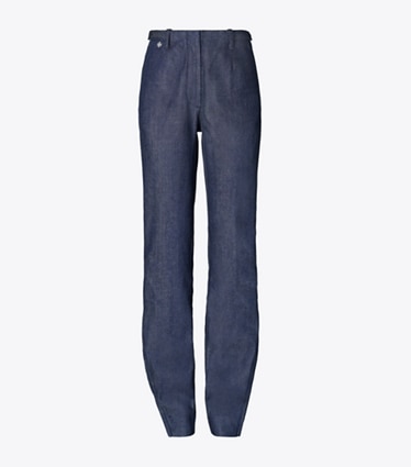 Tory Burch designer bas Jean en coton zippé à la cheville in Raw/Unwashed front