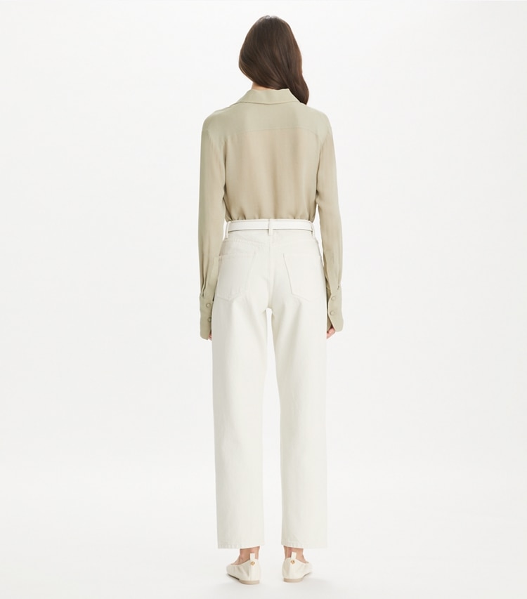 Tory Burch designer bas Jean Slim in Soft Oatmeal on model back