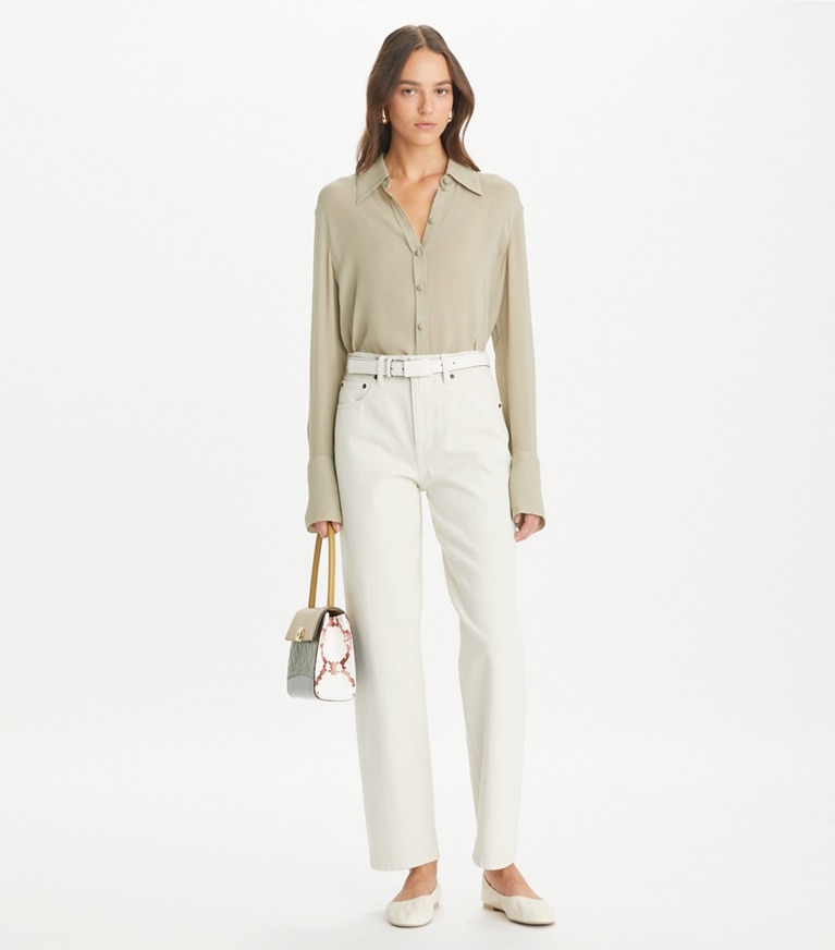 Tory Burch designer bas Jean Slim in Soft Oatmeal front