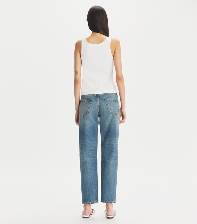 Tory Burch designer pantaloni Jeans a gamba ampia con taglio diritto in Classic Vintage Blue Wash front