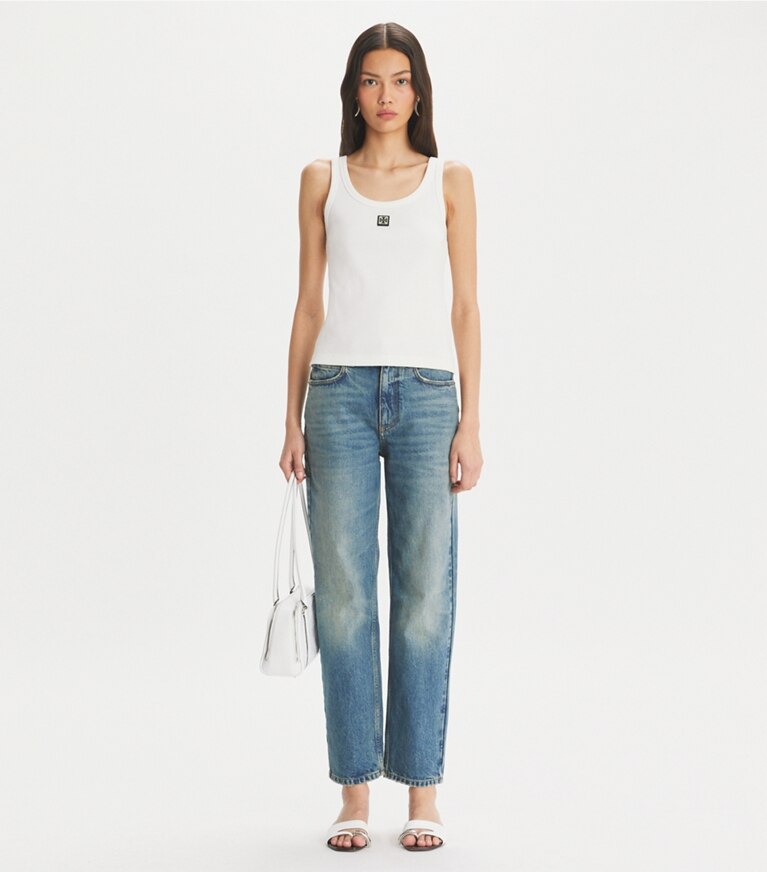 Tory Burch designer pantaloni Jeans a gamba ampia con taglio diritto in Classic Vintage Blue Wash front