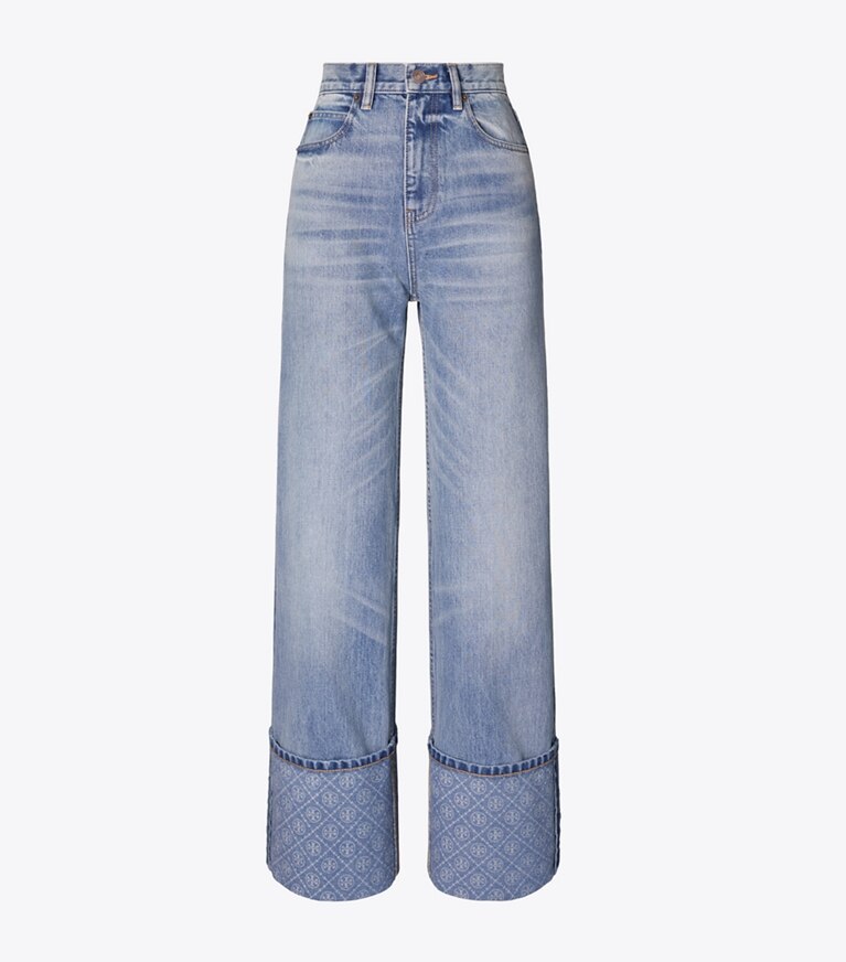 Tory Burch designer pantaloni Jeans a gamba dritta con risvolto a contrasto in Light Vintage Wash front