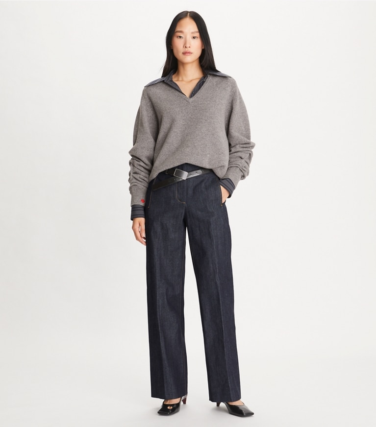Tory Burch designer unterteile Jeans aus Denim mit Webkante in Deep Dark Wash modell von vorn