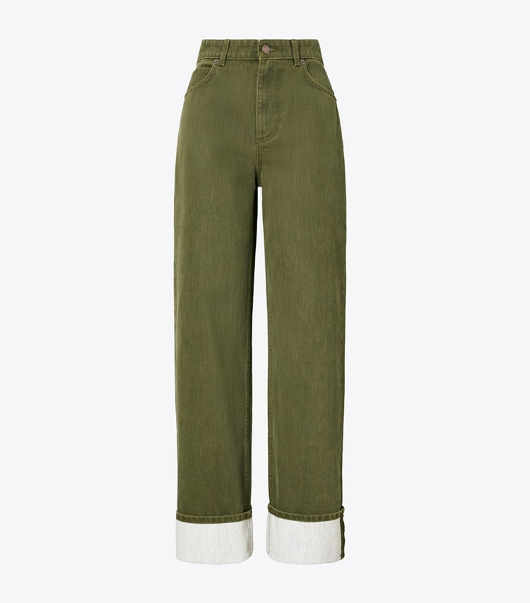 Tory Burch diseñador prendas inferiores Jeans con puños en Distressed Green frontal