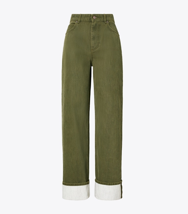 Tory Burch diseñador prendas inferiores Jeans con puños en Distressed Green frontal