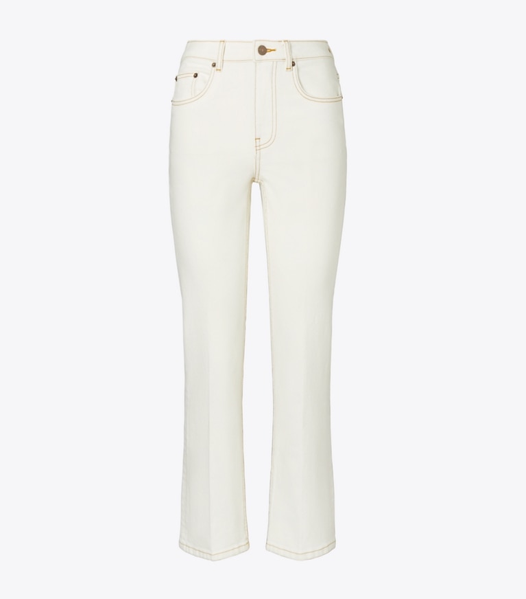 Tory Burch designer pantaloni Jeans corti svasati in White Chalk Wash front