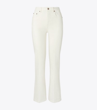 Tory Burch designer pantaloni Jeans corti svasati in White Chalk Wash front