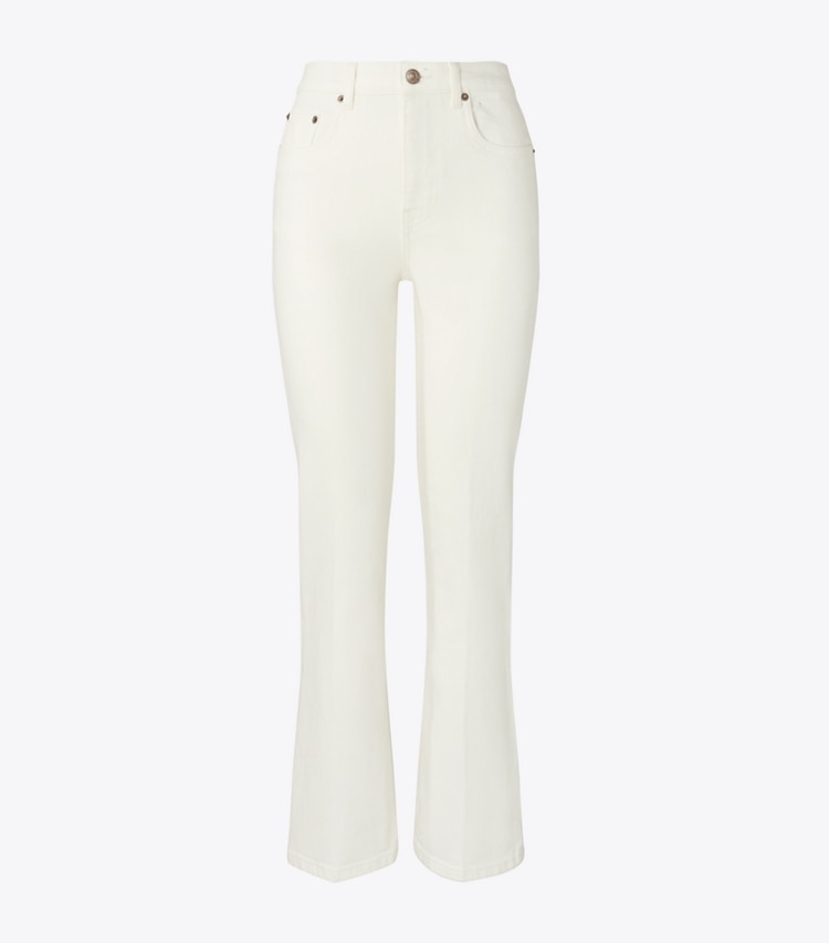 Tory Burch designer pantaloni Jeans corti svasati in White Chalk Wash front