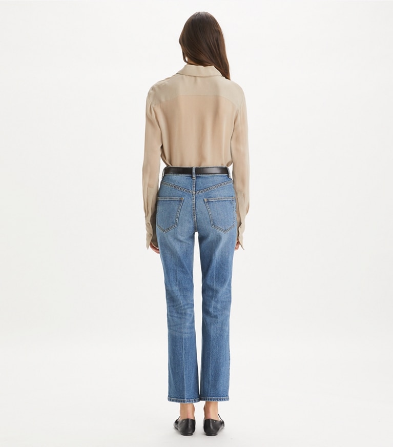 Tory Burch designer pantaloni Jeans corti svasati in Medium Vintage Wash front
