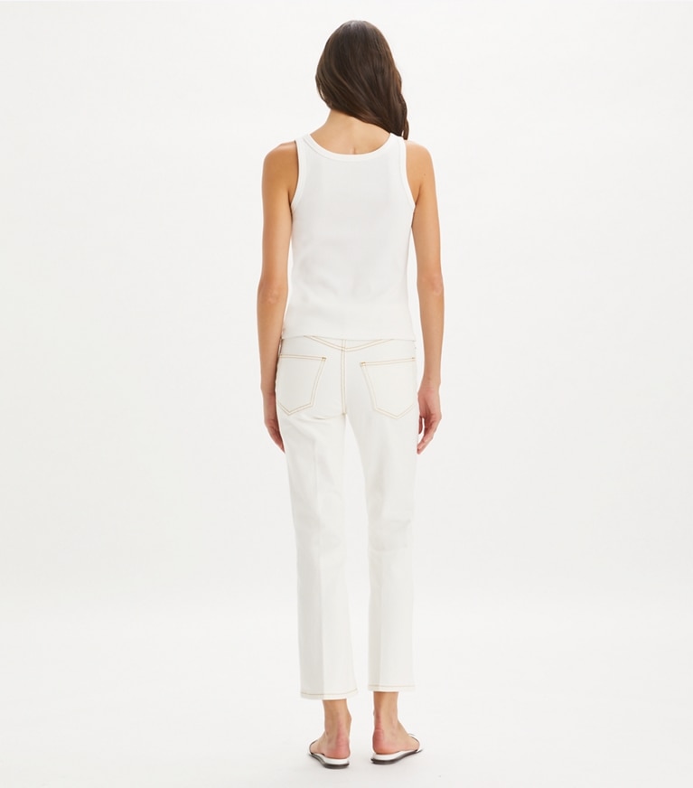 Tory Burch designer pantaloni Jeans corti svasati in White Chalk Wash front