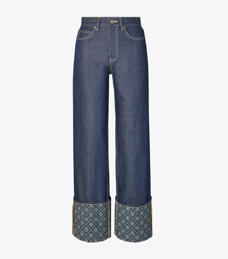 Tory Burch diseñador prendas inferiores Jeans de pierna recta con puño en contraste con monograma T en Raw/Unwashed frente