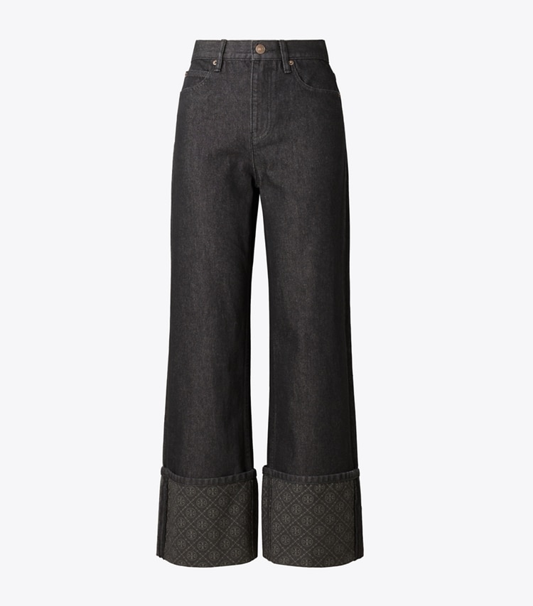 Tory Burch diseñador prendas de abajo Jeans de pierna recta con puño en contraste con monograma T en Rinse Wash frente