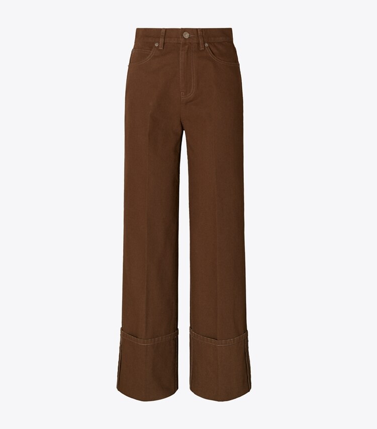 Tory Burch diseñador prendas inferiores Jeans de pierna recta con puños en Brown frente