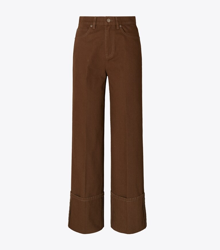 Tory Burch diseñador prendas inferiores Jeans de pierna recta con puños en Brown frente