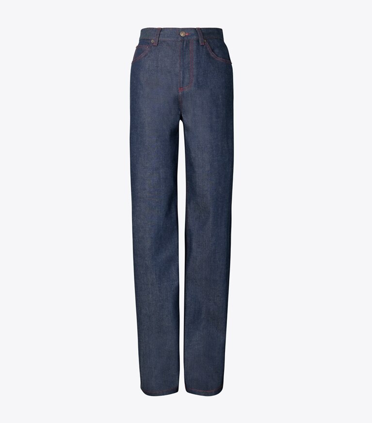 Tory Burch diseñador prendas inferiores Jeans de pierna recta en Raw/Unwashed frente