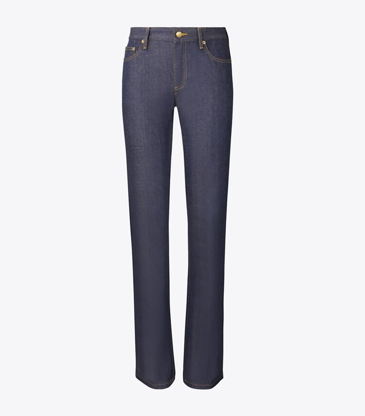 Tory Burch designer pantaloni Jeans in cotone con gamba skinny in Raw/Unwashed front