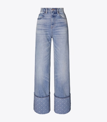 Tory Burch designer unterteile Jeans mit kontrastierenden Beinabschlüssen und gerade geschnittenem Bein in Light Vintage Wash front