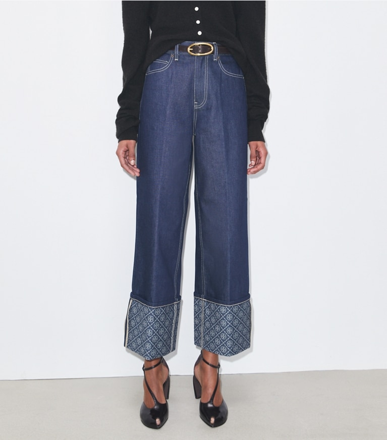 Tory Burch designer unterteile Jeans mit kontrastierenden Beinabschlüssen und gerade geschnittenem Bein in Raw/Unwashed front