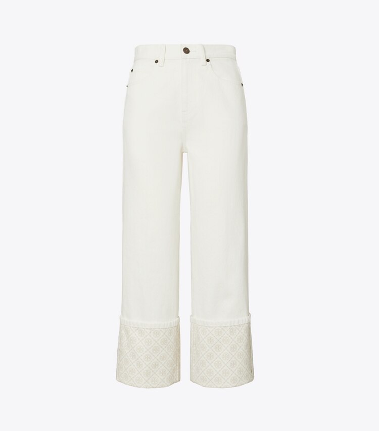 Tory Burch diseñador prendas inferiores Jeans recortados con puño en contraste con monograma en T en White frente