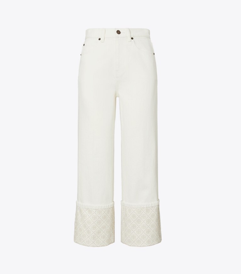 Tory Burch diseñador prendas inferiores Jeans recortados con puño en contraste con monograma en T en White frente