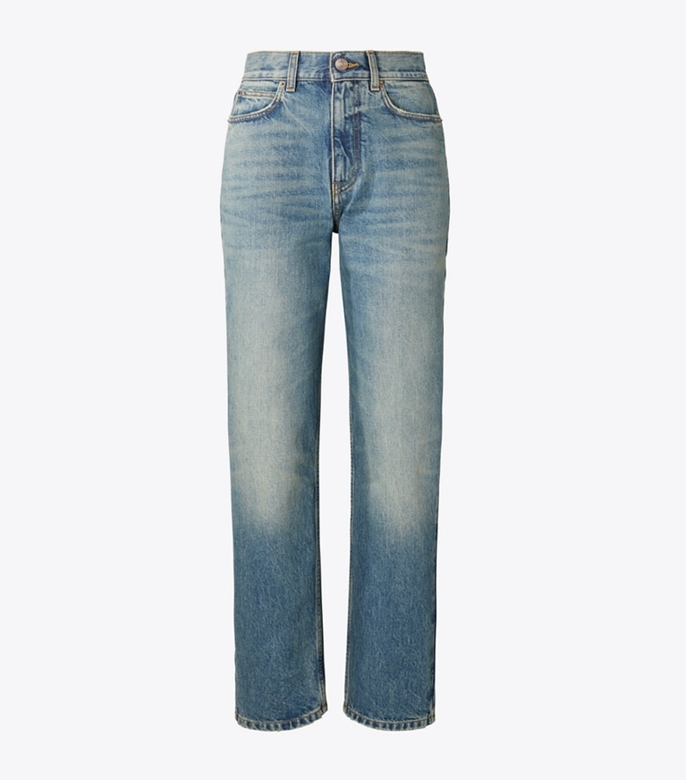 Tory Burch diseñador prendas inferiores Jeans rectos de pierna ancha en Classic Vintage Blue Wash frente