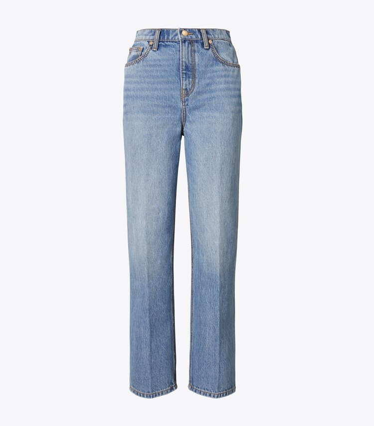 Tory Burch diseñador prendas inferiores Jeans rectos de talle alto en Vintage Wash frente