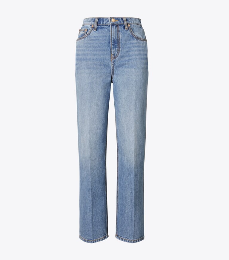 Tory Burch diseñador prendas inferiores Jeans rectos de talle alto en Vintage Wash frente