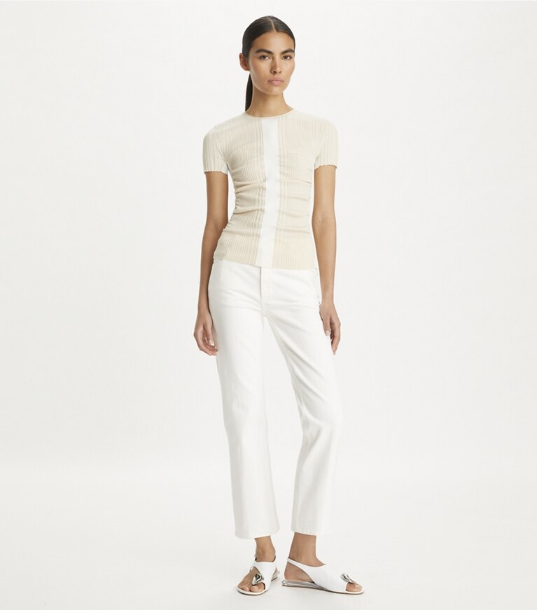 Tory Burch designer pantaloni Jeans svasati in denim in White Chalk Wash front