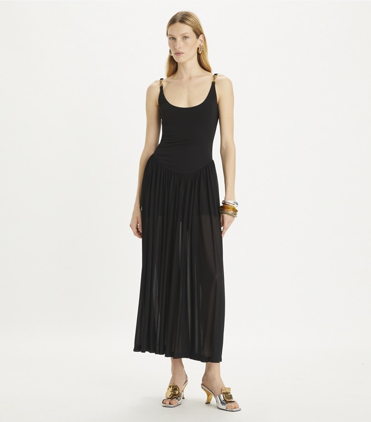 Tory Burch designer dresses Jersey Clip Tank Dress in Black on model front
