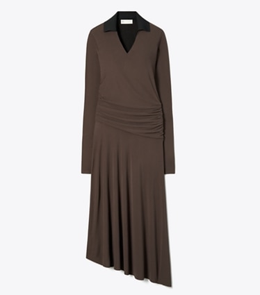 Tory Burch designer dresses Jersey Collared Dress in Dark Mocha front