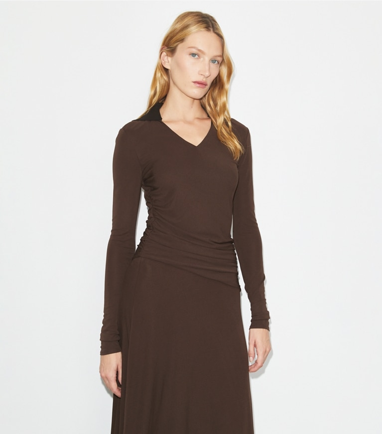 Tory Burch designer dresses Jersey Collared Dress in Dark Mocha front