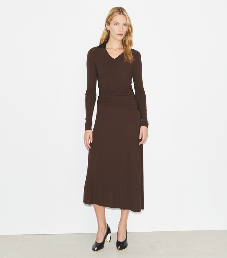 Tory Burch designer dresses Jersey Collared Dress in Dark Mocha on model front
