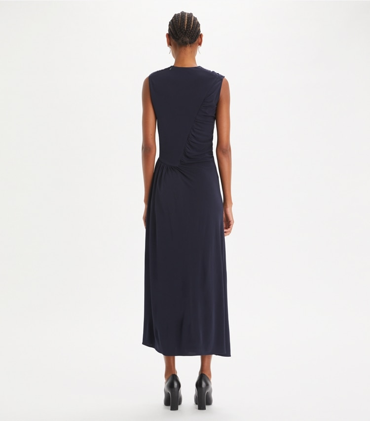 Tory Burch designer dresses Jersey Crepe Dress in Medium Navy on model back