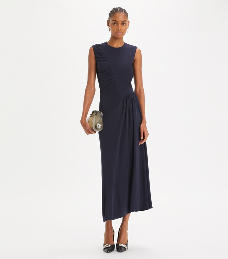 Tory Burch designer dresses Jersey Crepe Dress in Medium Navy on model front
