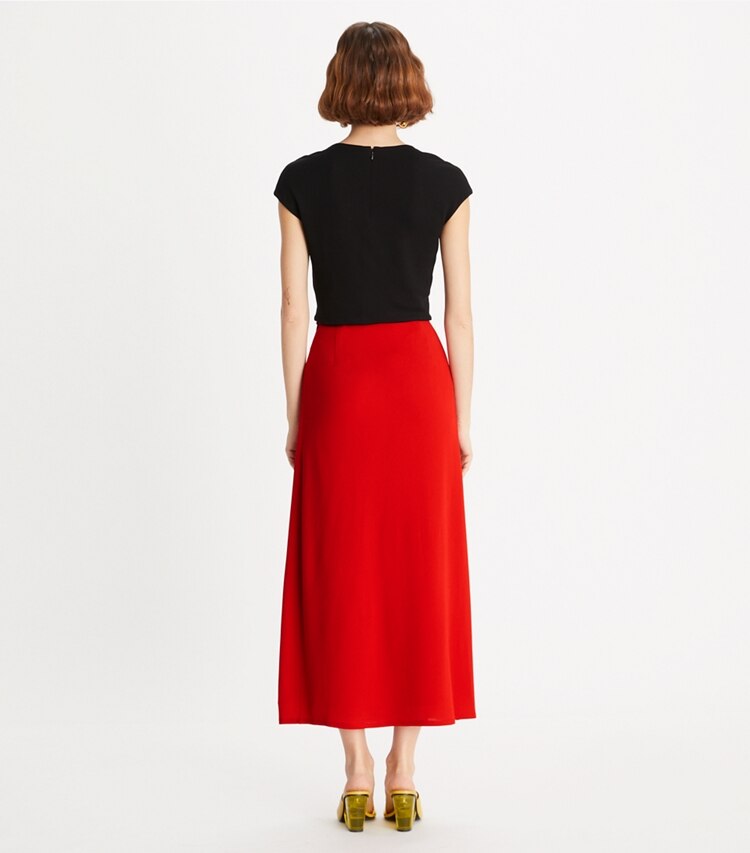 Tory Burch designer bottoms Jersey Crepe Wrap Skirt in Vivid Red on model back
