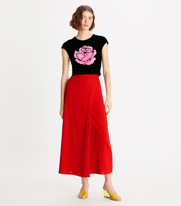 Tory Burch designer bottoms Jersey Crepe Wrap Skirt in Vivid Red on model front