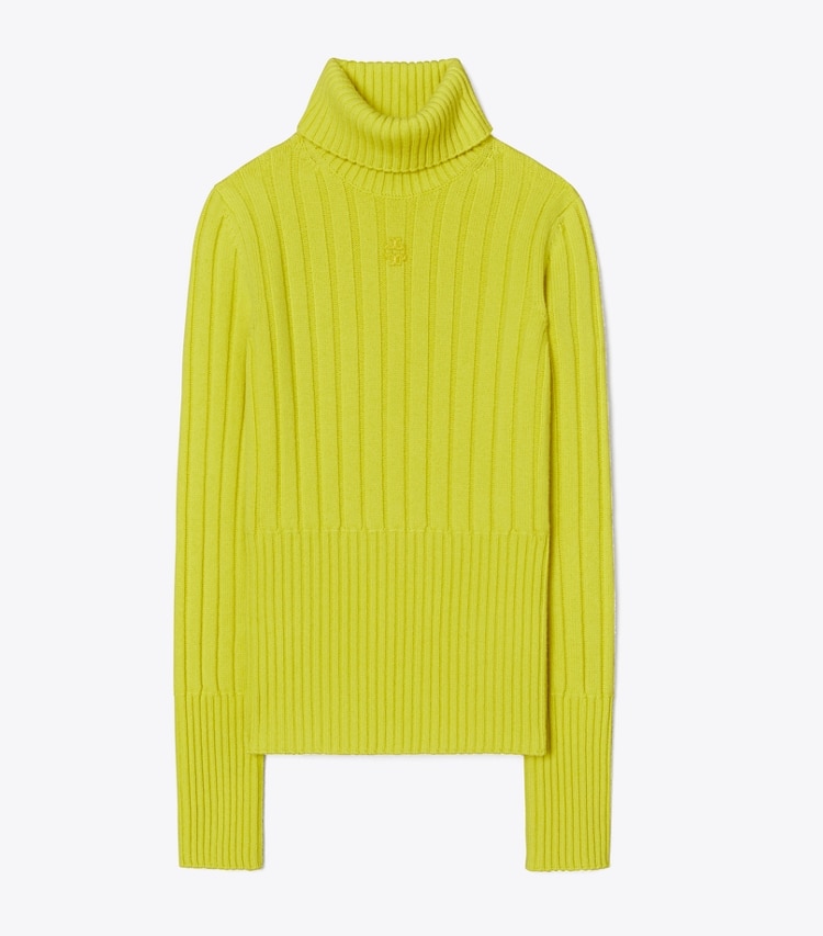 Tory Burch diseñador suéteres Jersey de cuello alto de punto acanalado en Green Chartreuse frontal