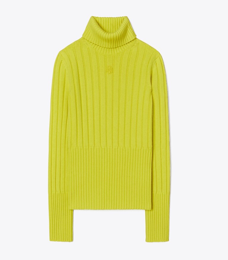 Tory Burch diseñador suéteres Jersey de cuello alto de punto acanalado en Green Chartreuse frontal