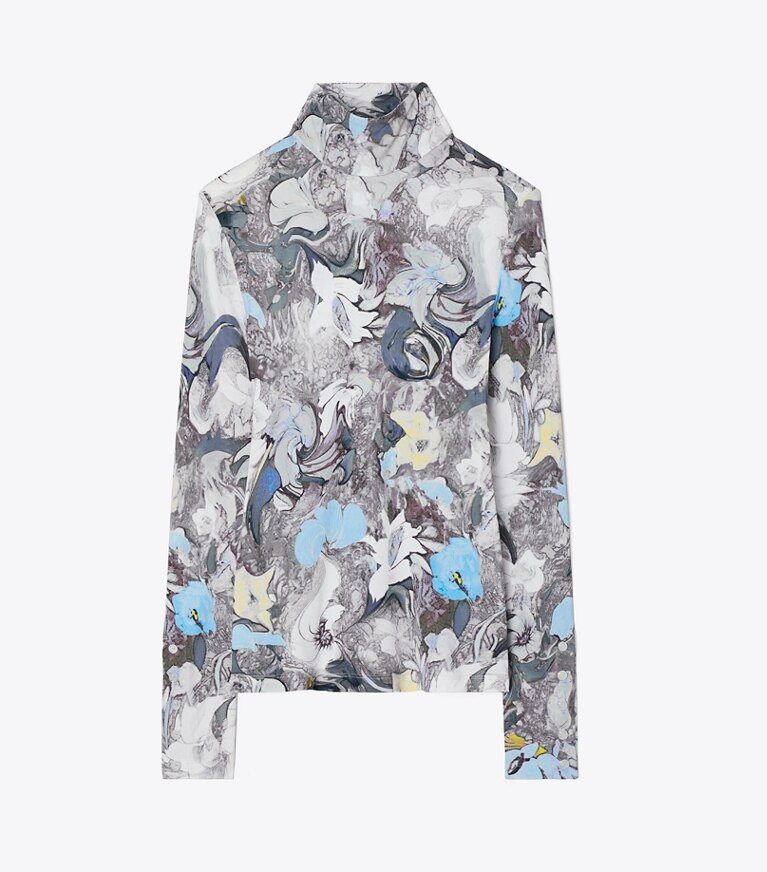 Tory Burch diseñador tops Jersey de cuello alto de punto de viscosa estampado en Blue Abstract Floral frente