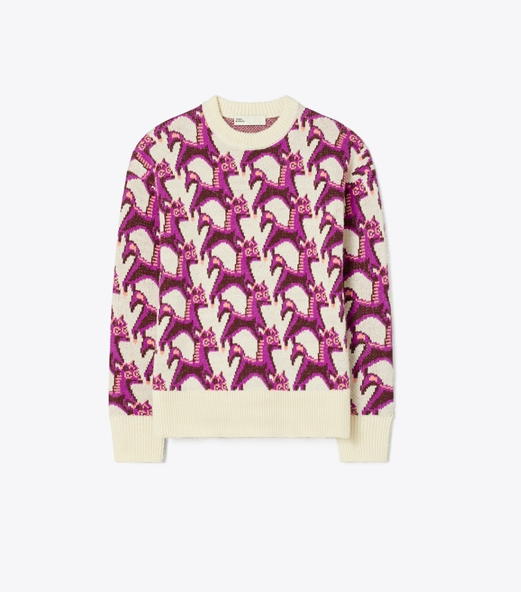 Tory Burch diseñador suéteres Jersey de cuello redondo de jacquard de lana en Cream / Magenta frontal
