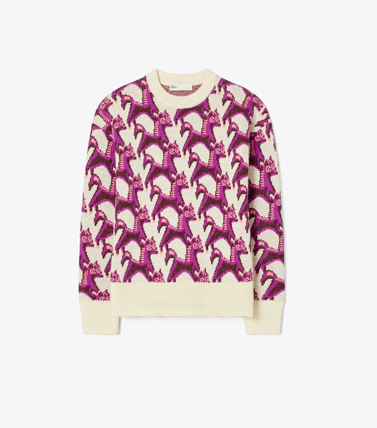 Tory Burch diseñador suéteres Jersey de cuello redondo de jacquard de lana en Cream / Magenta frontal
