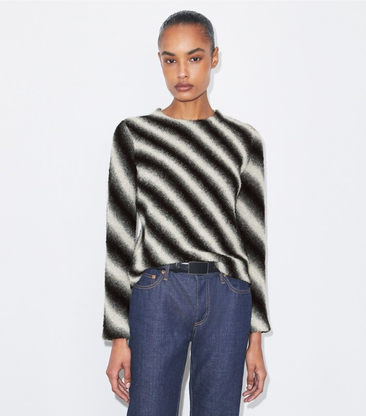 Tory Burch diseñador suéteres Jersey de lana a rayas en Ivory / Black detalle en modelo