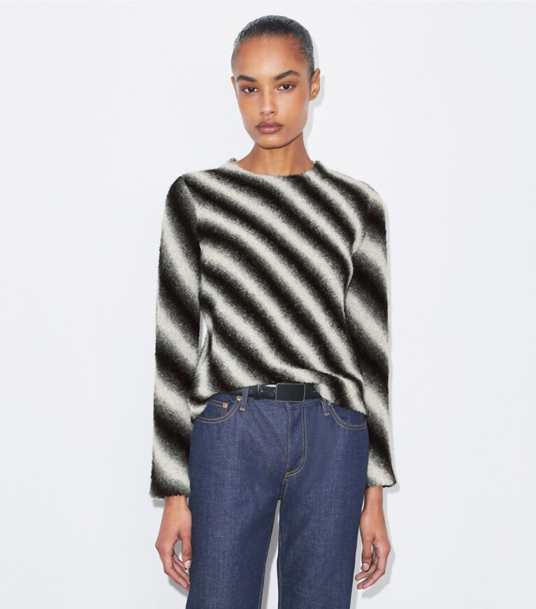 Tory Burch diseñador suéteres Jersey de lana a rayas en Ivory / Black detalle en modelo