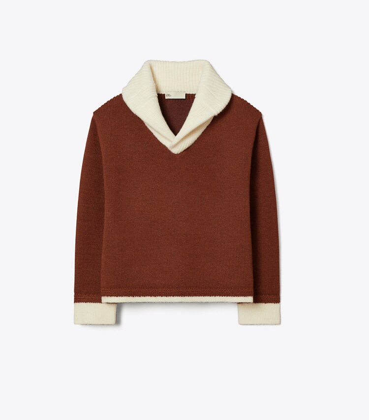 Tory Burch diseñador suéteres Jersey de lana con cuello en contraste en Dark Cranberry / White frente