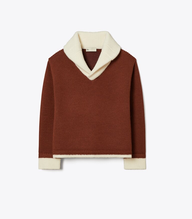 Tory Burch diseñador suéteres Jersey de lana con cuello en contraste en Dark Cranberry / White frente