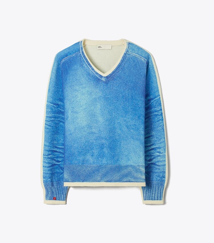 Tory Burch diseñador suéteres Jersey de lana merino en Antique Travertine/ V-Neck Print frente