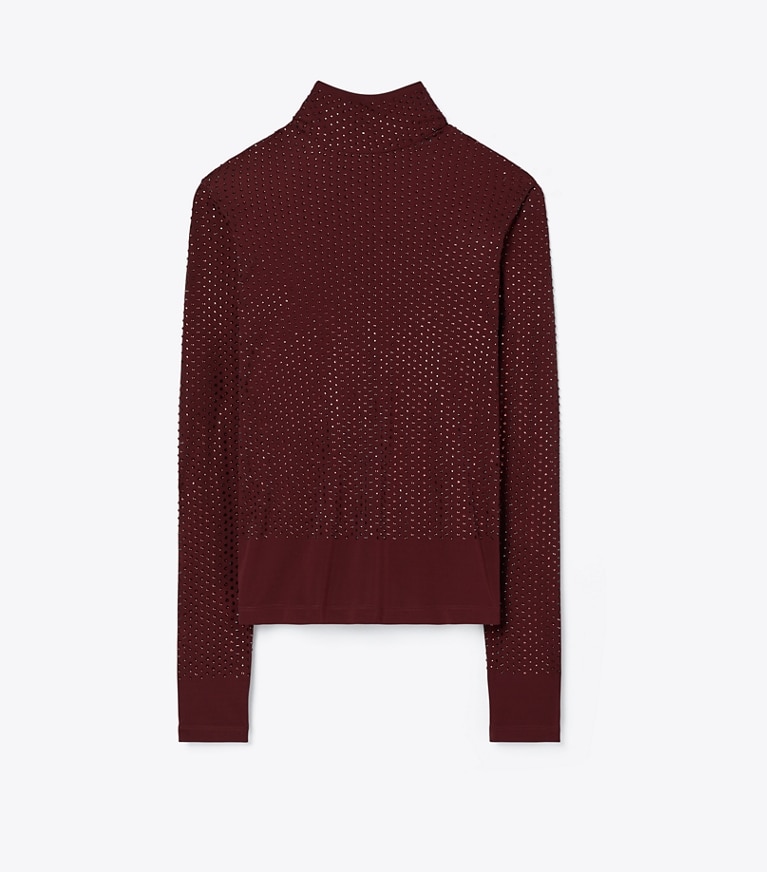 Tory Burch diseñador tops Jersey de viscosa con cuello alto y adornos en Divine Burgundy frente