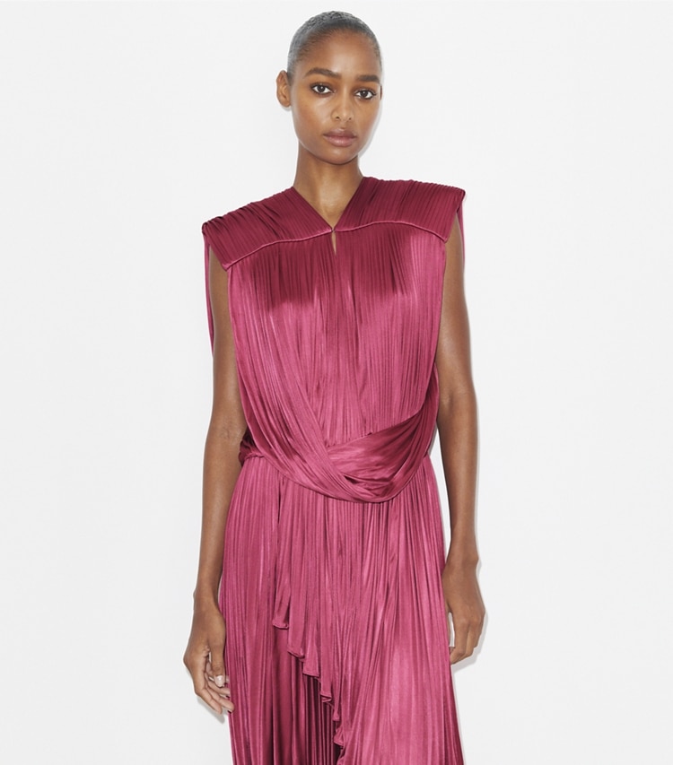 Tory Burch designer dresses Jersey Draped Dress in Cranberry on model detail