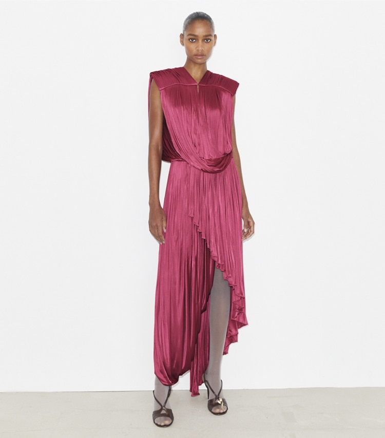 Tory Burch designer dresses Jersey Draped Dress in Cranberry on model front