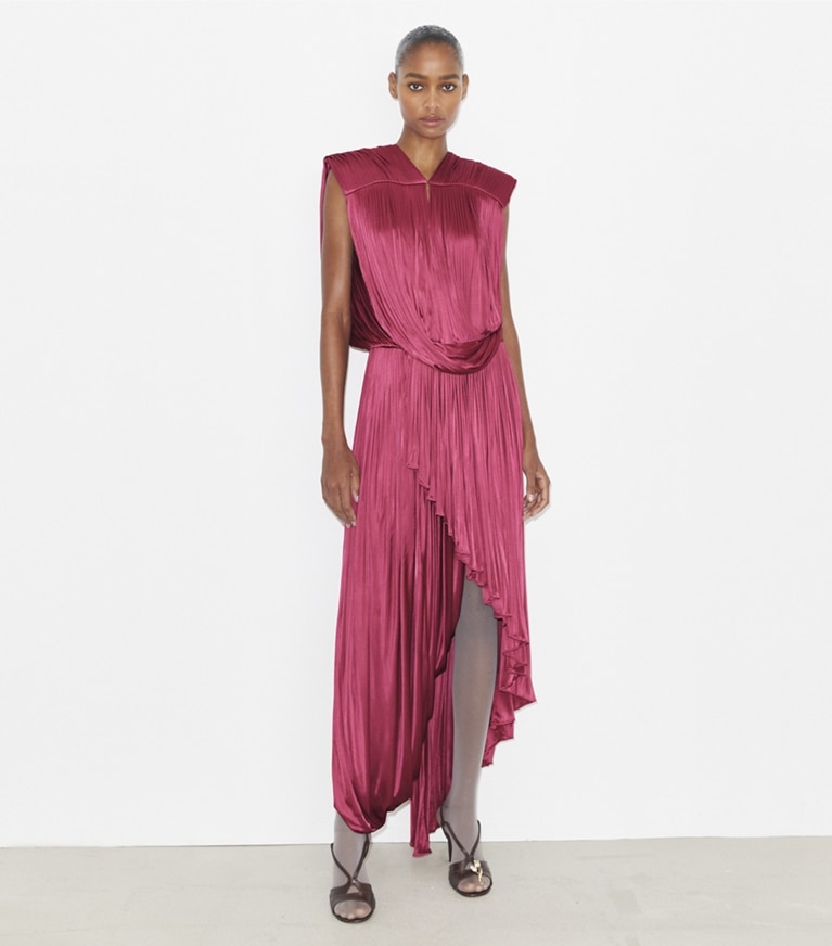 Tory Burch designer dresses Jersey Draped Dress in Cranberry front